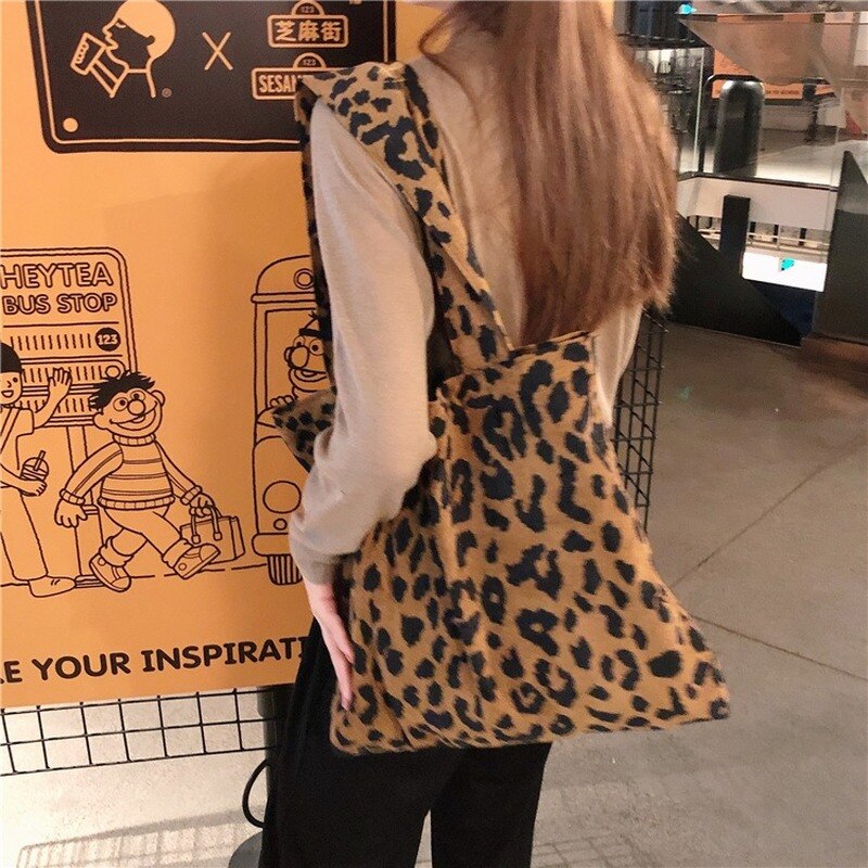 Kvinner skulder lerret shopper bag leopard print koreansk shopping bag casual kvinnelig veske bomull stoff tote poser for kvinner