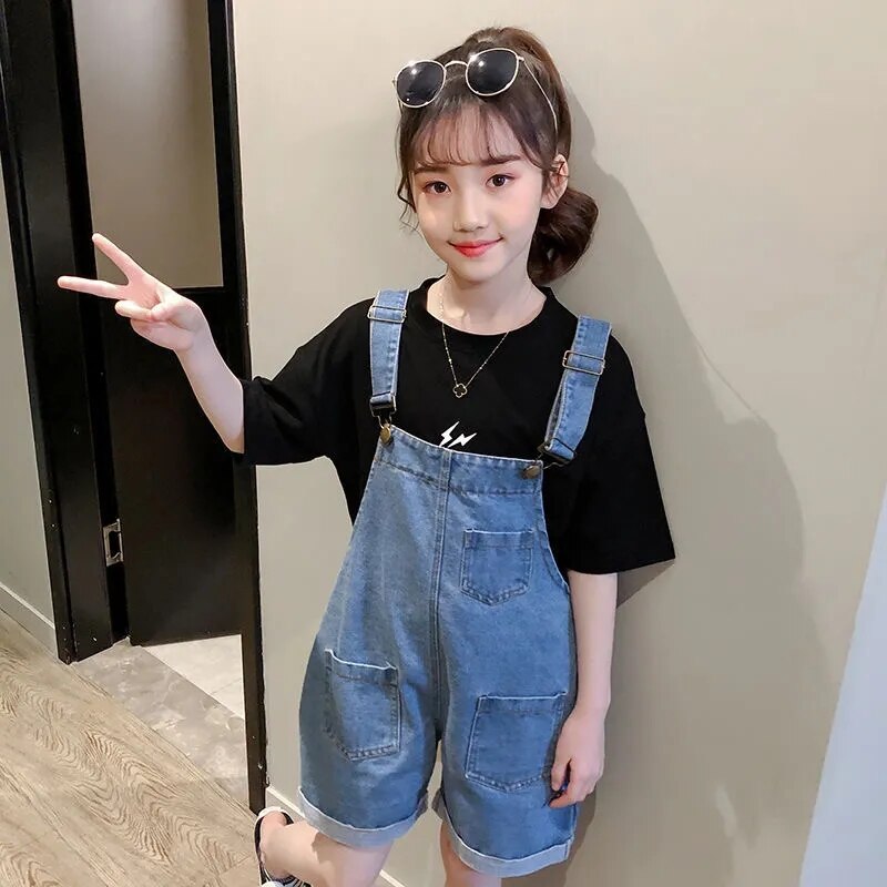 Pantaloncini con bretelle in Denim estivo per bambini pantaloncini da bambina per ragazzi pantaloncini Casual 2021 body allentato di nuova moda con abiti tascabili