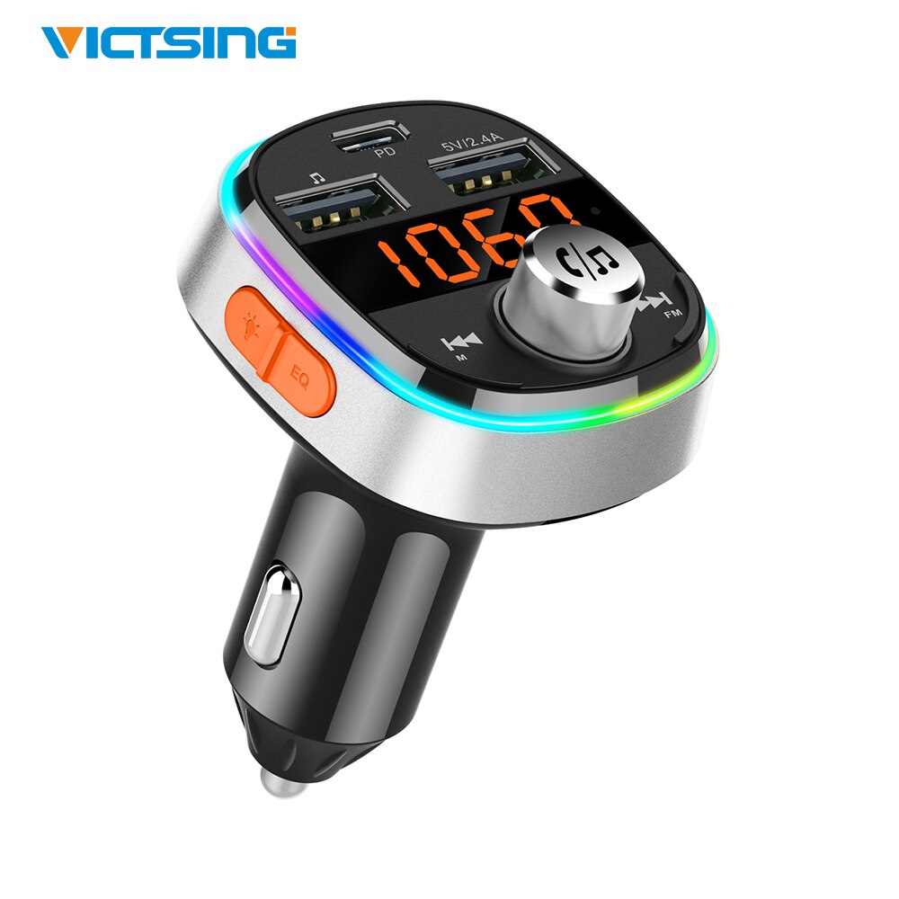 VicTsing Universal Bluetooth FM Transmitter 7 LED Colors Car Wireless Adapter Radio Transmitter USB-C with PD 3.0 Port for Car