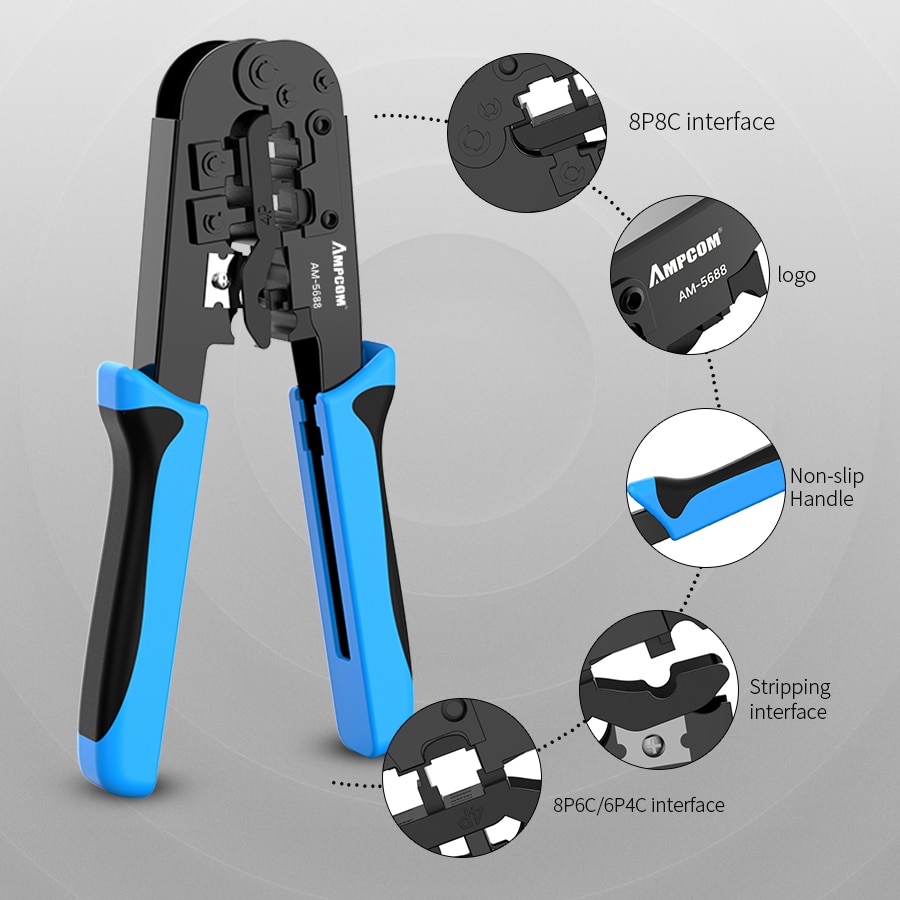 AMPCOM Crimping Tool RJ45 and RJ12, RJ11 Crimper Cutter Stripper Network Cable CrimpTool for 4P 6P 8P RJ-11/RJ-12 RJ-45