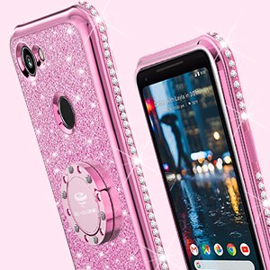 For Google Pixel 2Xl Case Luxury 360 Degree Kickstand Phone Housing case Rhinestone Bling Glitter Soft Slim 18:9 Inch Silicone: Cherry pink