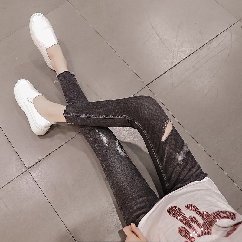 Tejanos nueve pantalones para mujeres embarazadas, modelos de otoño , ropa elástica con agujeros, ropa de maternidad informal