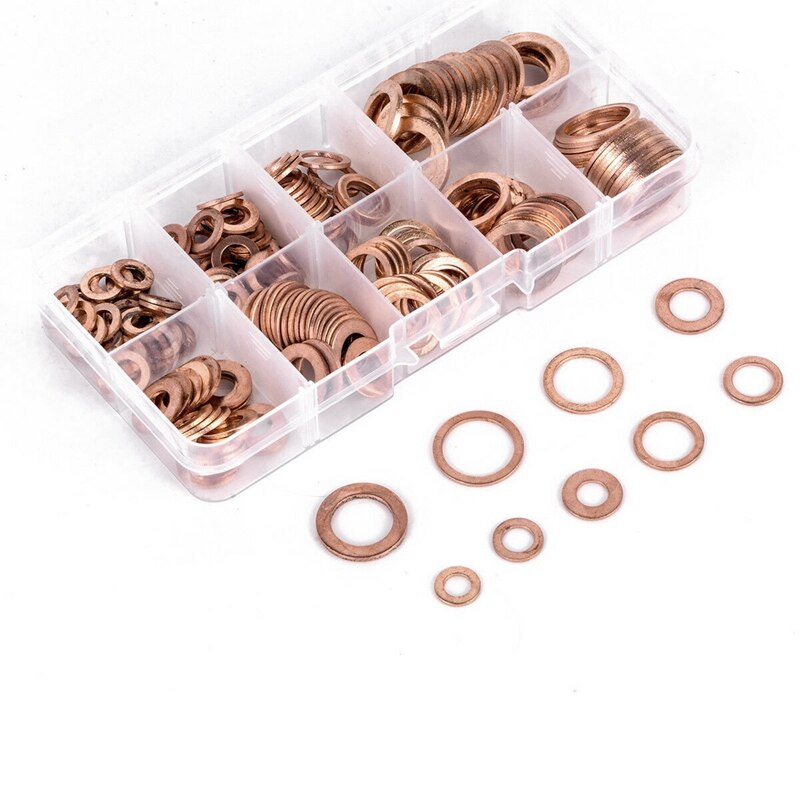 200Pcs 9 Formati di Rame Rondella Guarnizione Set Piatto Anello di Tenuta Assortimento Kit M5-M14 CAO