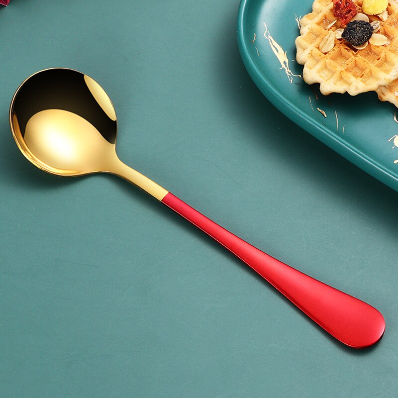 Metal Ice Cream Coffee Spoon Shovel Shape Shell Tea Spoon 7 Colors Afternoon Tea Dessert Long Handle Spoon Kitchen Tool: Gold red