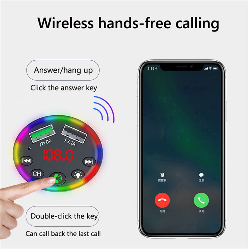 Lovebay  f9 auto-bluetooth-sender 5.0 fm kabellose freisprecheinrichtung mit farbiger led-beleuchtung, audioempfänger, usb-schnellladefunktion und  mp3- player-playern.