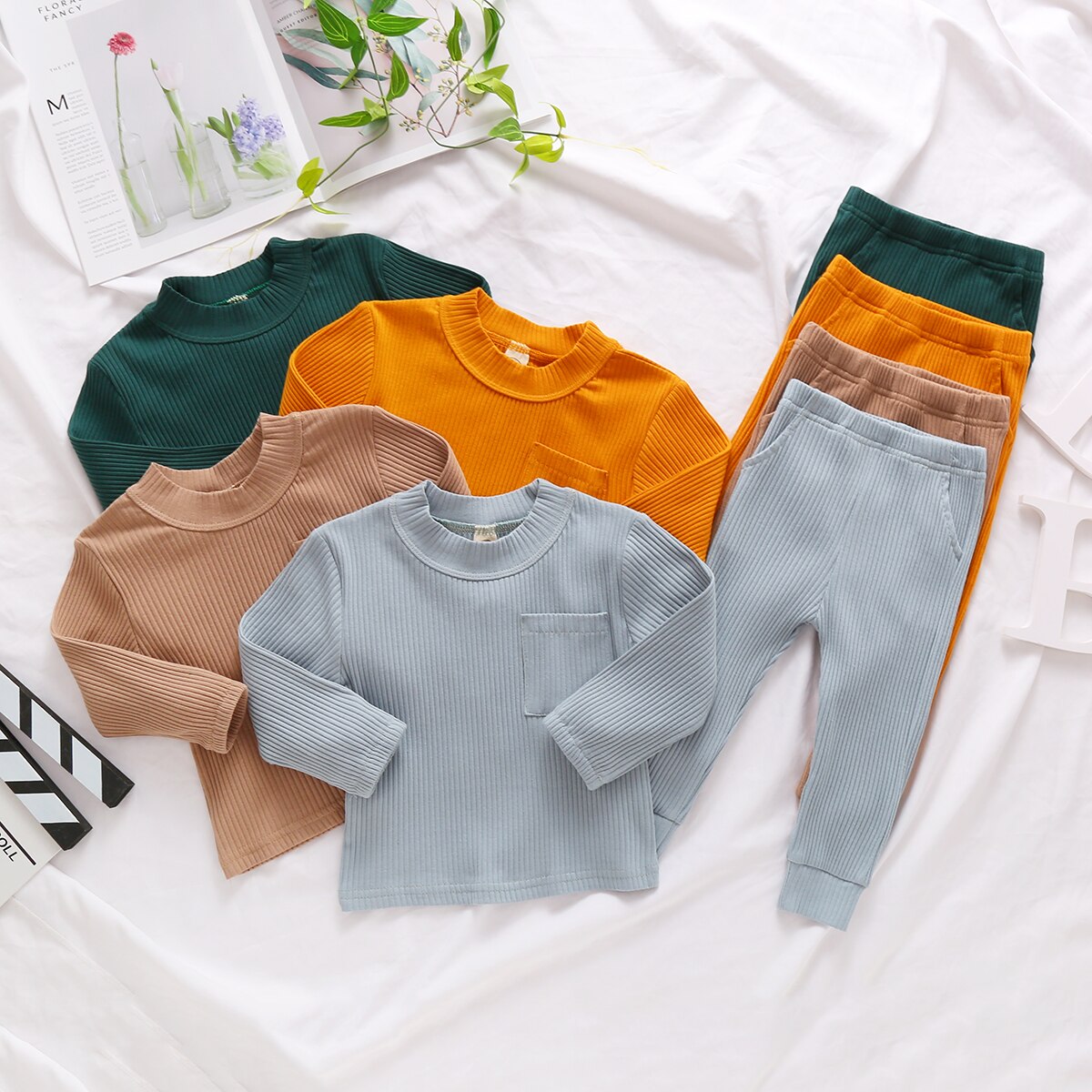 Katoen Casual Herfst Peuter Baby Kleding Solid Pocket Lange Mouwen + Broek Kinderen Baby Meisjes Jongens Outfits Nachtkleding Homewear