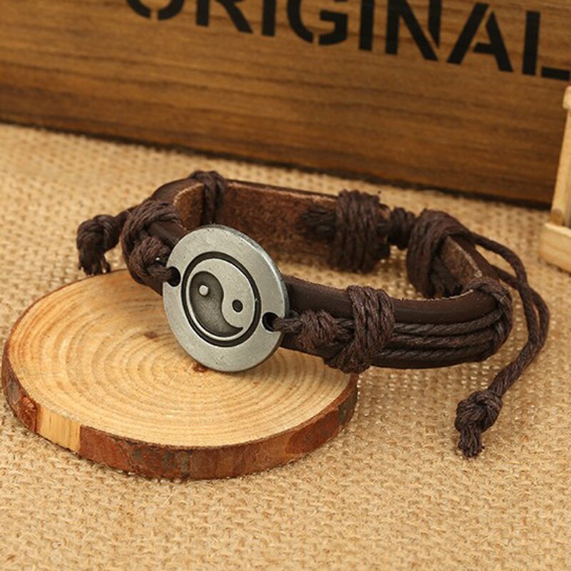 1pcs Shellhard yin yang Charm Leather Bracelets Vintage Rope Cuff Bracelet For Charm Men Wristband Bracelet Jewelry 4Colors: Coffee