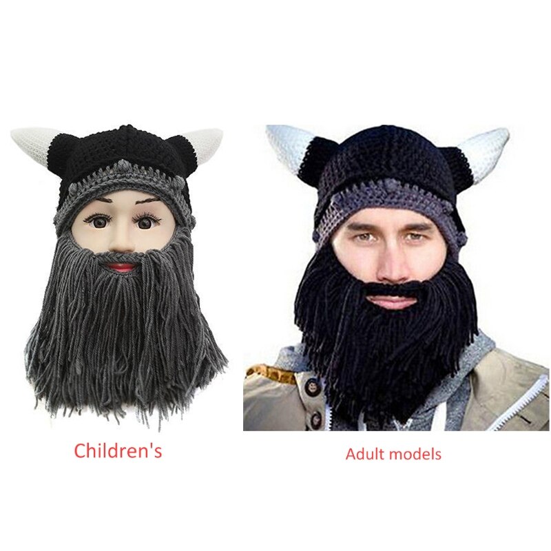 Funny Viking Beard Beanie Beard Hat Viking Horns Bearded Caps Parent-Child Knit Helmet Removable Thermal for Winter