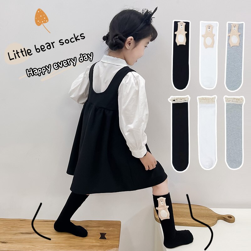 3 paia/lotto calzini lunghi tubo per ragazze stile College pizzo orso principessa tempo libero all&#39;aperto calzini primavera autunno cotone bambini calzini