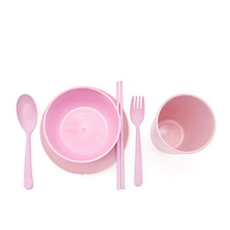6Pcs/set Baby Feeding Dishes Wheat Straw Eco-friendly Dinnerware With Bowl Cup Plate Kids Spoon Fork Chopstick Tableware MBG0553: Pink