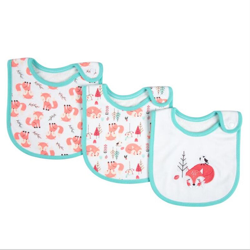 Bavoirs en coton à imprimé de dessin animé pour bébé, mélange de coton, écharpe pour bébé, col de repas, bouton à pression, 3 pièces