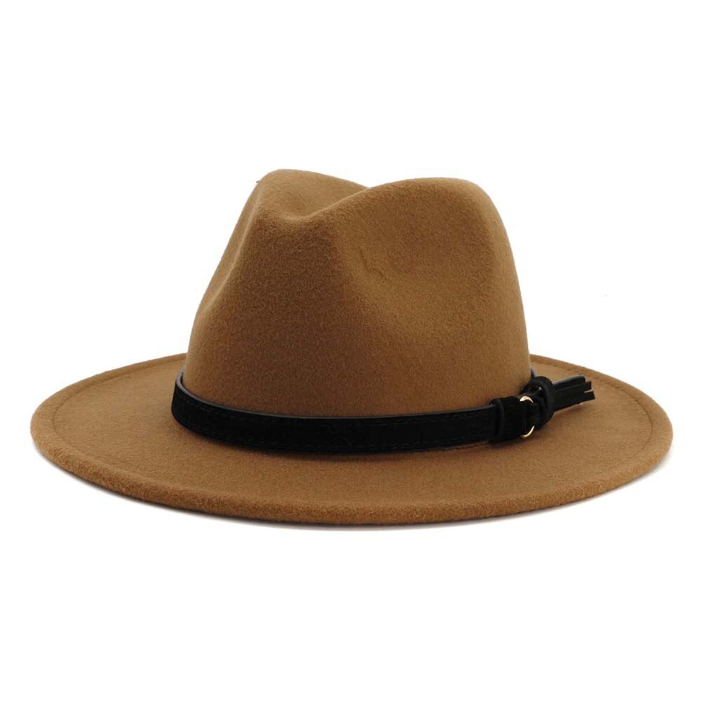 Vintage sommar bred brätte fedorahatt kvinnor lädersnöre imitation ylle jazzhatt keps chapeau för resor: 13
