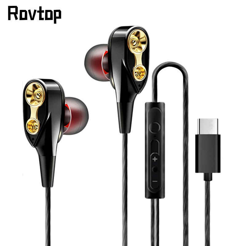 Rovtop Type C In-Ear Oortelefoon Met Microfoon Hoge Bass Dual Drive Stereo Hoofdtelefoon Oordopjes Voor Iphone Huawei Xiaomi Oneplus