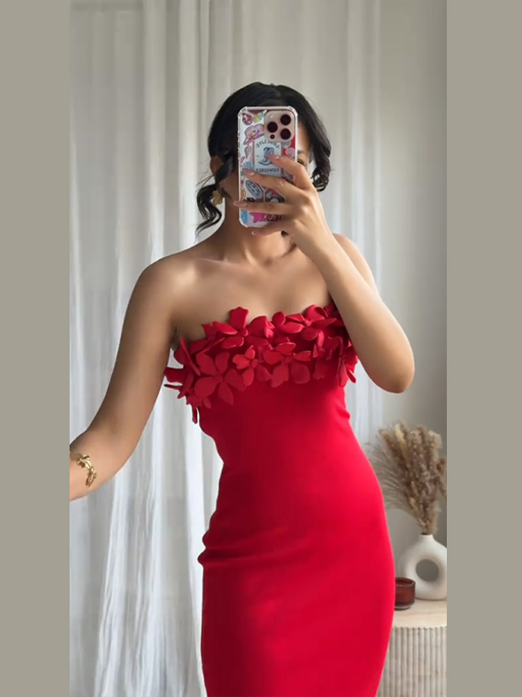 Strapless 3D Bloem Vrouwen Jurk Off Schouder Sexy Backless Slim Fit Satijn Effen Kleur Jurk Gewaden Elegante Wrap Hip Lange Jurken
