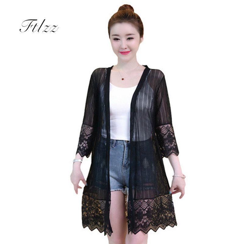 Zomer Casual Medium Lange Jas Vrouwen 3/4 Mouwen Plus Size 4xl Zwart Wit Dunne Jas Laides Patchwork Kant bovenkleding: 1 / M