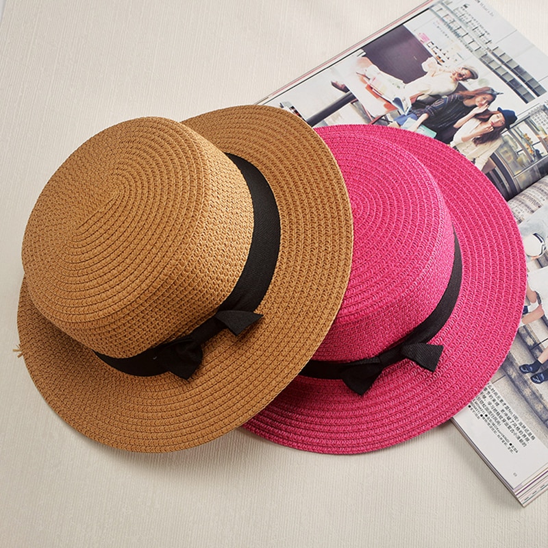 Rep platt hatt halm solskydd kvinnlig halm rosett utomhus sol strand hatt sommar hattar kvinnor keps panama kepsar