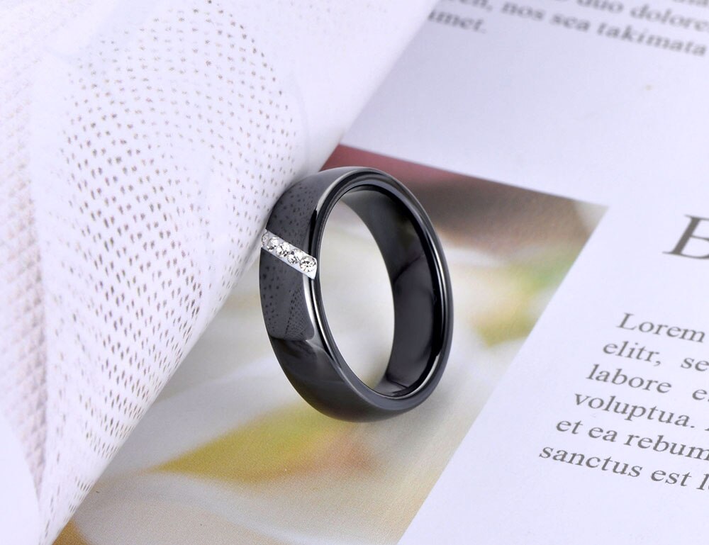 BOBOTUU Trendy Black Ceramic Crystal Wedding Ring Jewelry For Women Stainless Steel Clay Rhinestone Engagement Ring BR19069