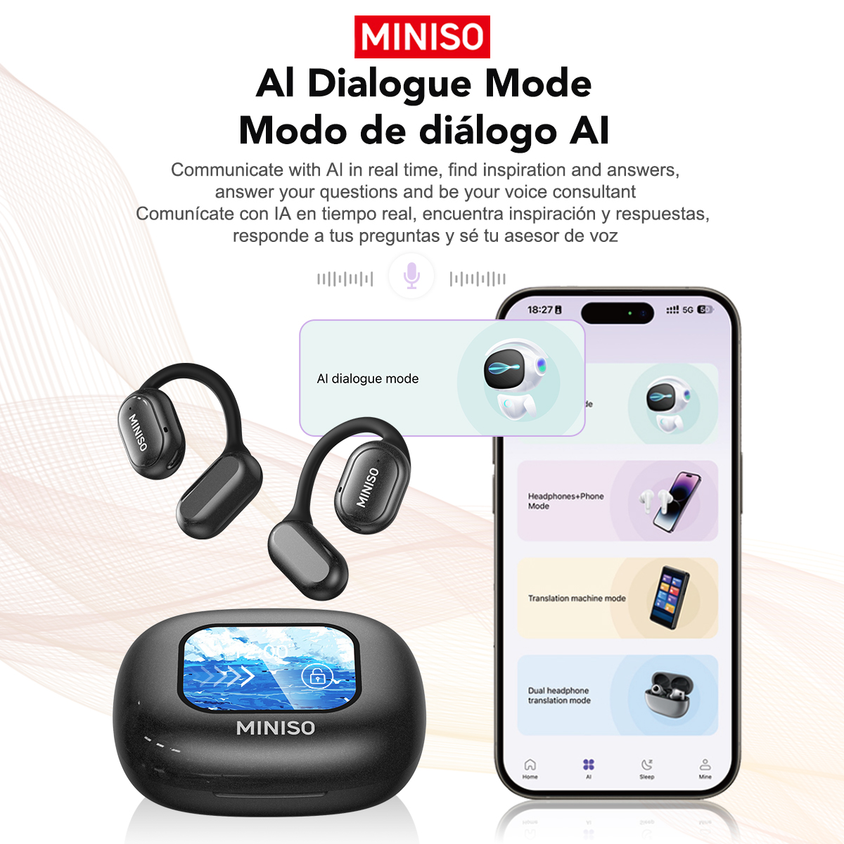 Miniso  x30 cuffie wireless auricolari bluetooth per traduzione chat cuffie ufficio viaggio, app equalizzatore traduzione in tempo reale