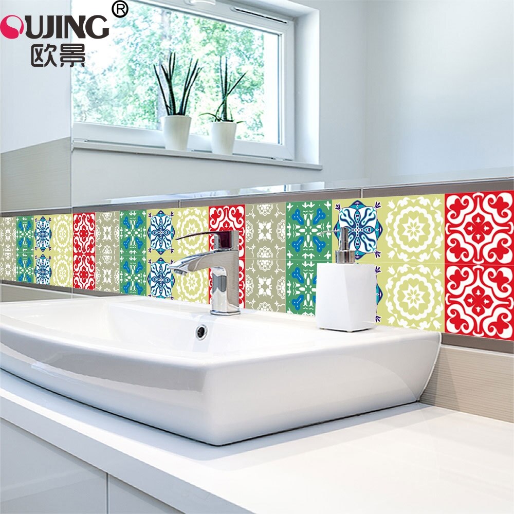 10/15/20cm Colorful Retro Tiles Wall Sticker Kitchen Bathroom Tile Waist Line Wallpaper Waterproof Waist Line Art Mural Poster