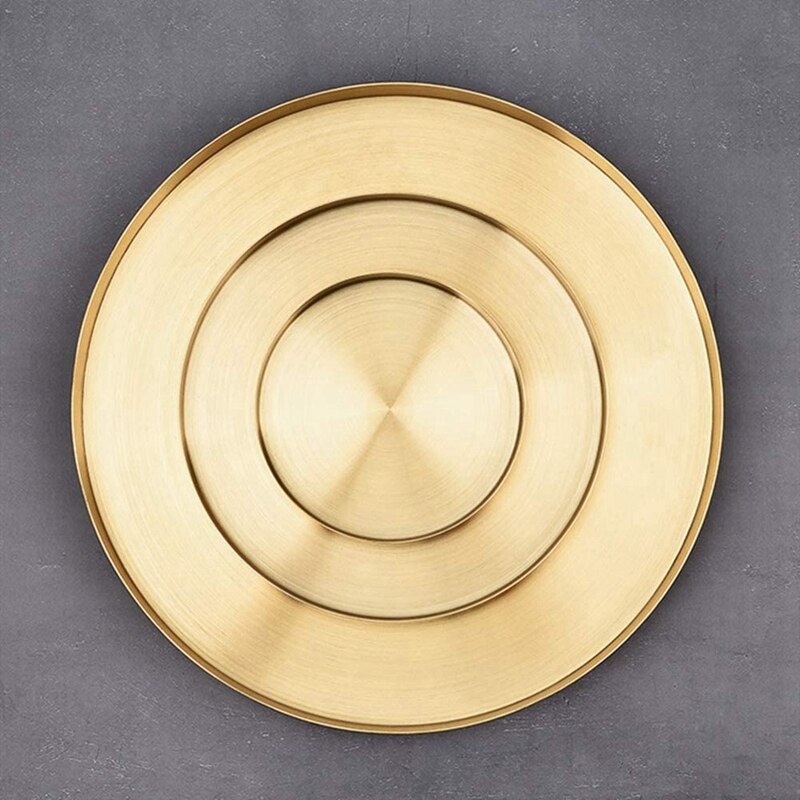 Bandeja redonda dorada para maquillaje, metálica decorativa, organizador para tocador, baño, vestido, acabado de latón mate