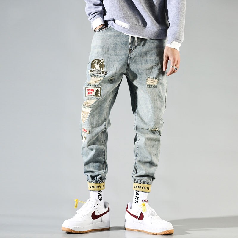 Streetwear hombres Jeans Retro Azul parches destruido Harem rotos pantalones holgados Hip Hop pantalones vaqueros de hombre