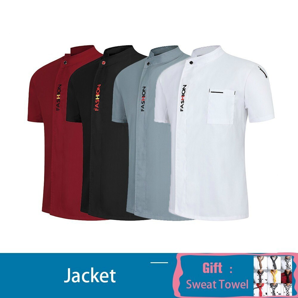 Chef Waiter Short Sleeve Jacket Kitchen Restaurant Uniforms Unisex Hotel Sushi Costume Barbershop Work Clothes Free Scarf