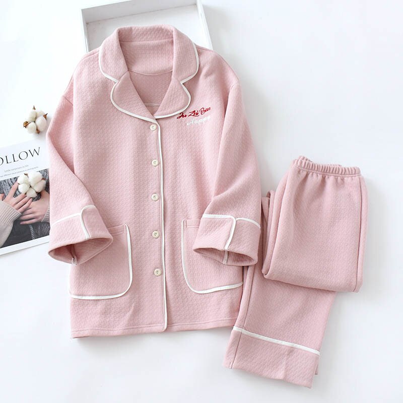 Conjunto de pijamas de algodón para mujer, ropa de dormir cálida de invierno, con bordado de letras, traje de manga larga y pantalones,