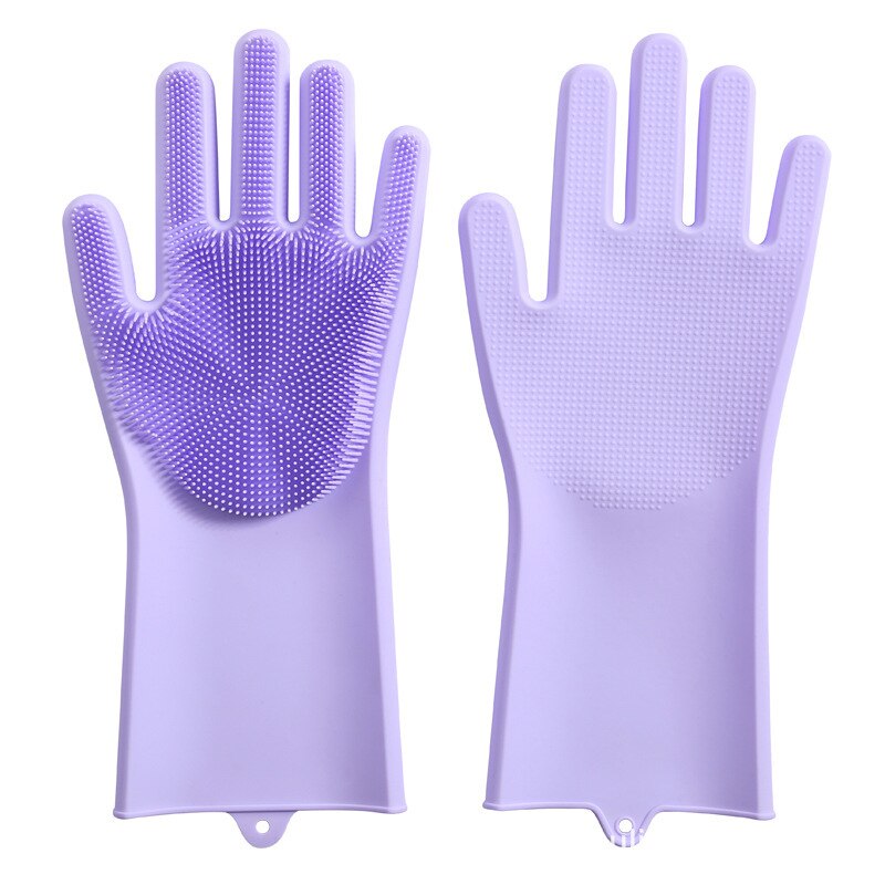 1 par magiske silikone opvask handsker let husholdning gummi skrubbe handsker køkken rengøringsværktøj: Lilla