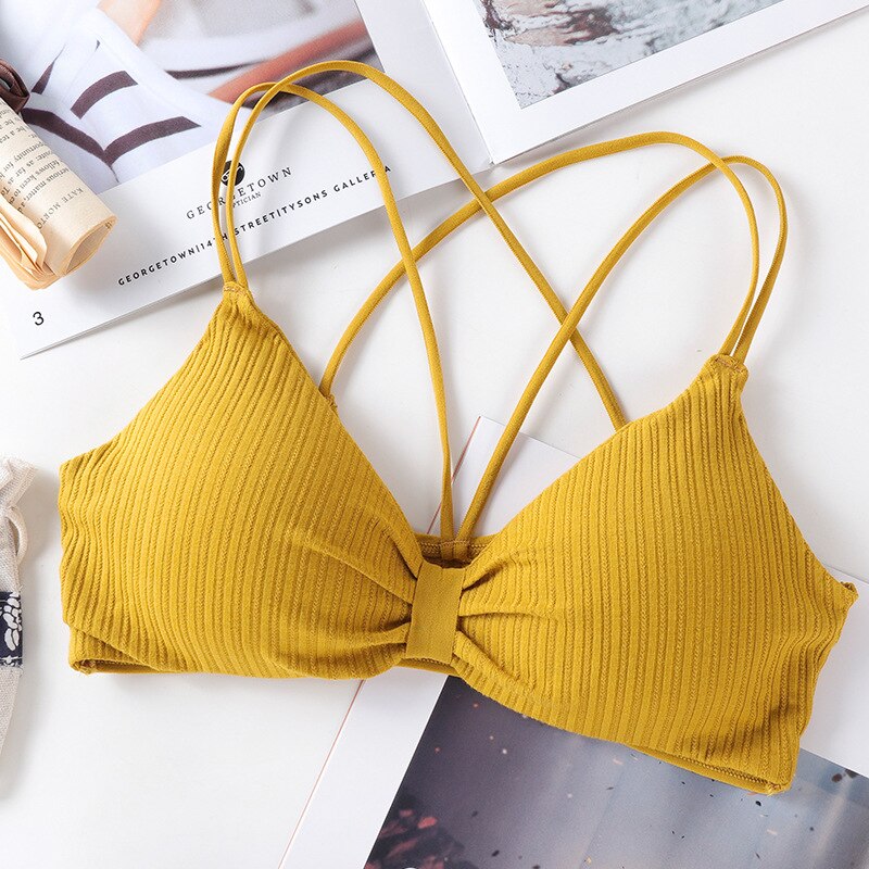 SVOKOR Stripe Bras For Women Push Up Lingerie Seamless Bra Backless Wire Free Bralette Cross Sling Tops Wnderwear: Yellow