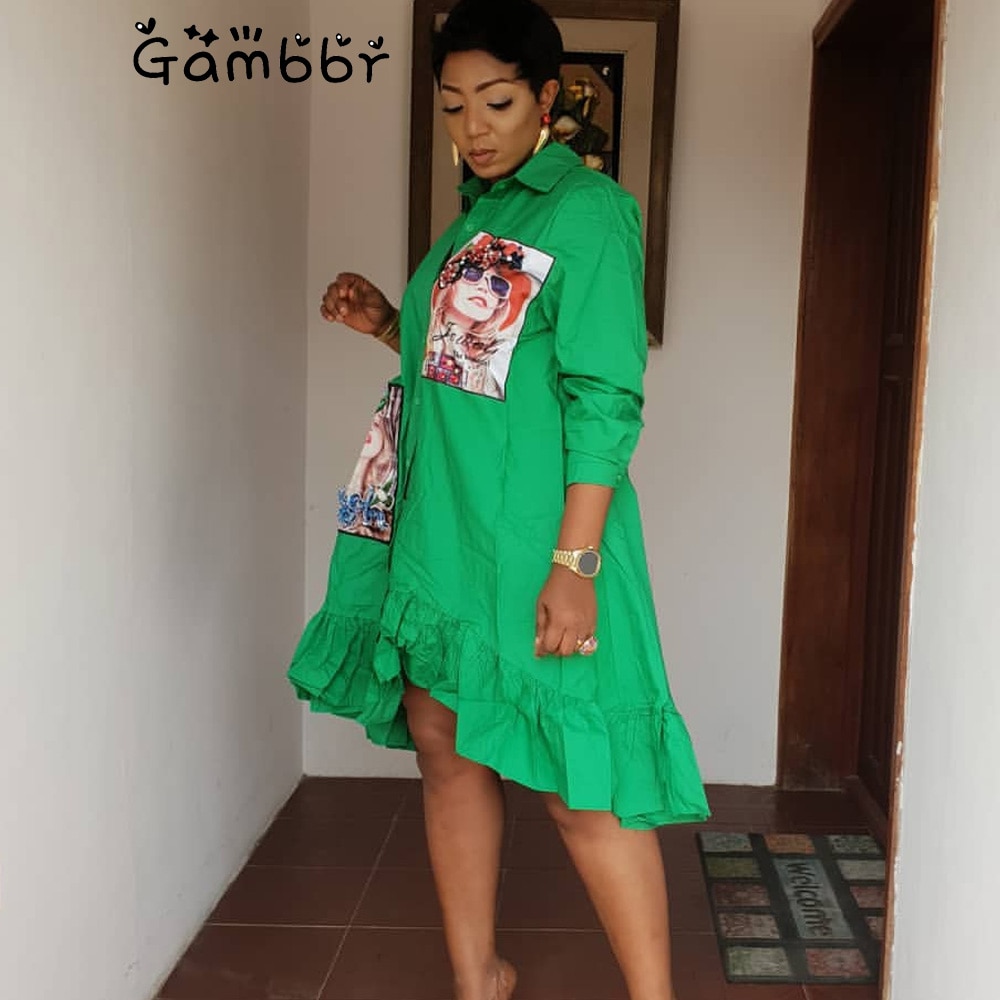 Plus Size African Clothing Summer African Print Beauty Head Beading Shirt Blouse Dress Women Cotton Irregular Dress