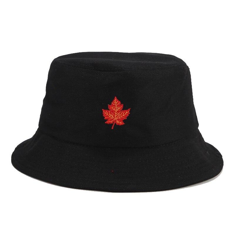 Leaf Embroidery Bucket Hat Protection Sun Hat Maple Foldable Cap Panama Packable Cotton Fisherman Hat For Men and Women: Black