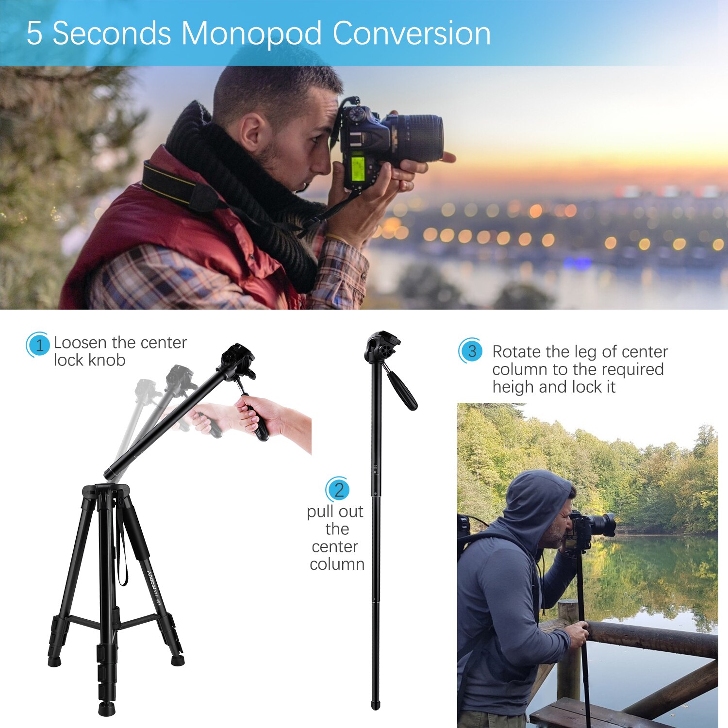 Andoer TTT-03 2-in-1 fotografia treppiede monopiede Stand in lega di alluminio 3-Way girevole Pan testa 163cm Max. Altezza 5kg capacità di carico