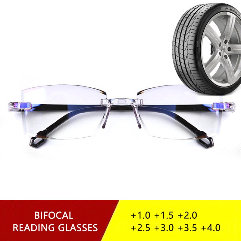 Rimless Bifocale Leesbril Mannen Vrouwen Anti Blauw Licht Verziend Glazen Dioptrie 150 250 TR90 Onbreekbaar
