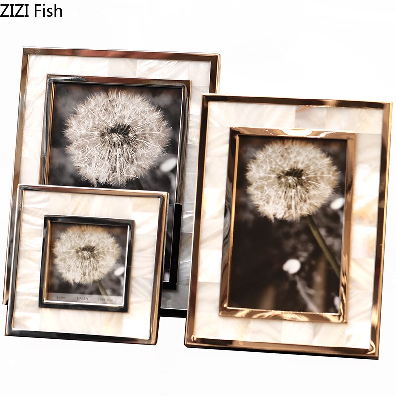 Gouden Legering Fotolijst Natuurlijke Shell Materiaal Omlijst Familie Portret Nachtkastje Bureau Decoratie 4/6/7 Inch Fotolijsten