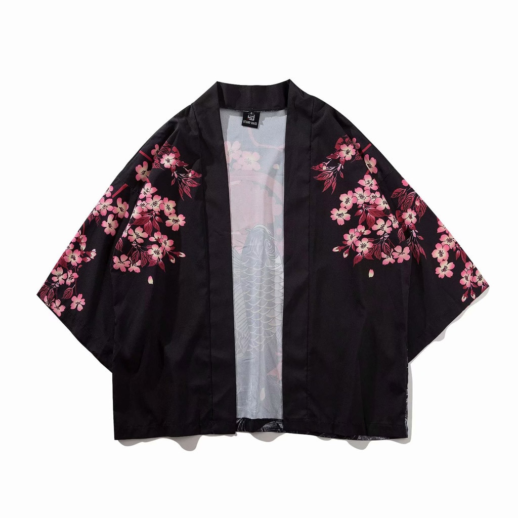 Harajuku Japanse Ukiyo-e Painted Print Kimono Mannen Vrouwen Losse Zeven Punt Mouw Dunne Gedeelte Tee camisa Masculina