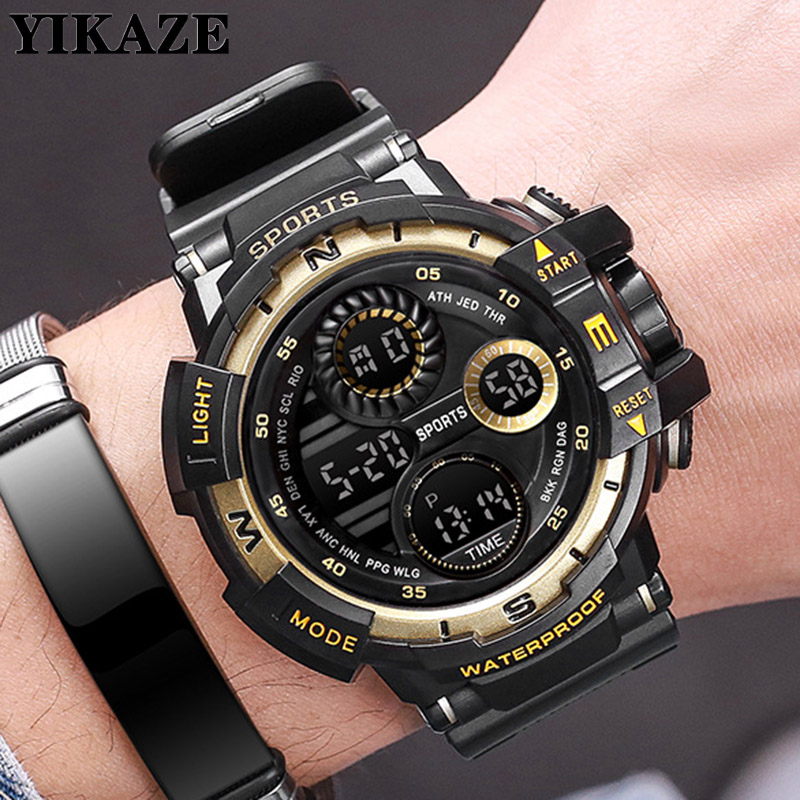 Reloj Digital negro YIKAZE para hombres, relojes deportivos, cronógrafo impermeable para exteriores, reloj de mano G, reloj de pulsera para estudiantes de choque de infantería
