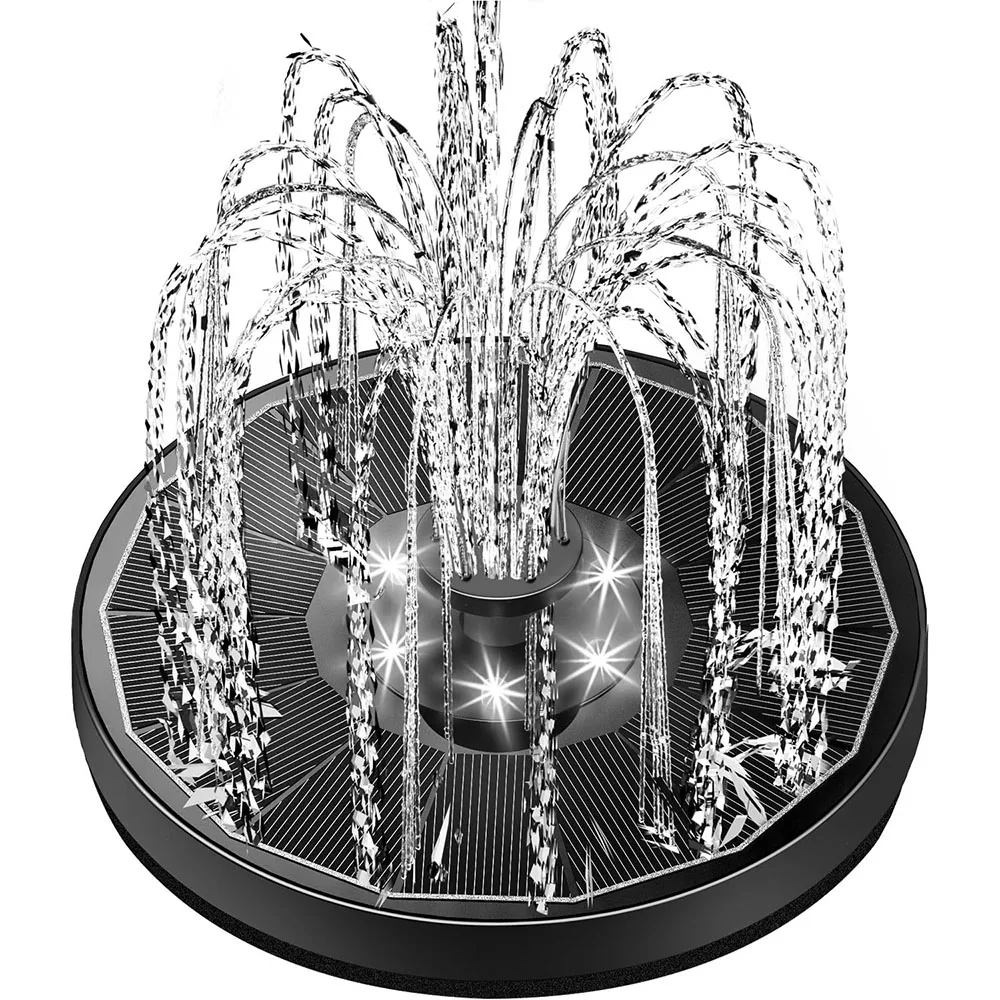 Zonne-fonteinpomp voor vogelbad met verlichting, 3,5 W zonne-waterfontein met 2200 mAh batterij, 6 mondstukken voor tuin, buiten: Ivoor