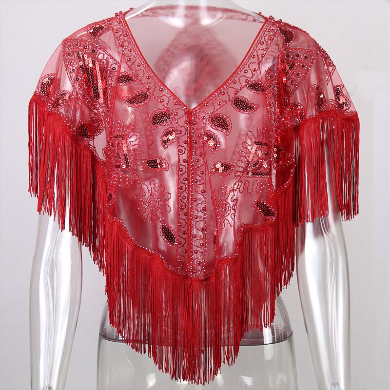 Vrouwen 1920 S Lovertjes Sjaal Met Kwastjes Kralen Parel Fringe Sheer Mesh Wraps Gatsby Flapper Bolero Cape Cover Up: red
