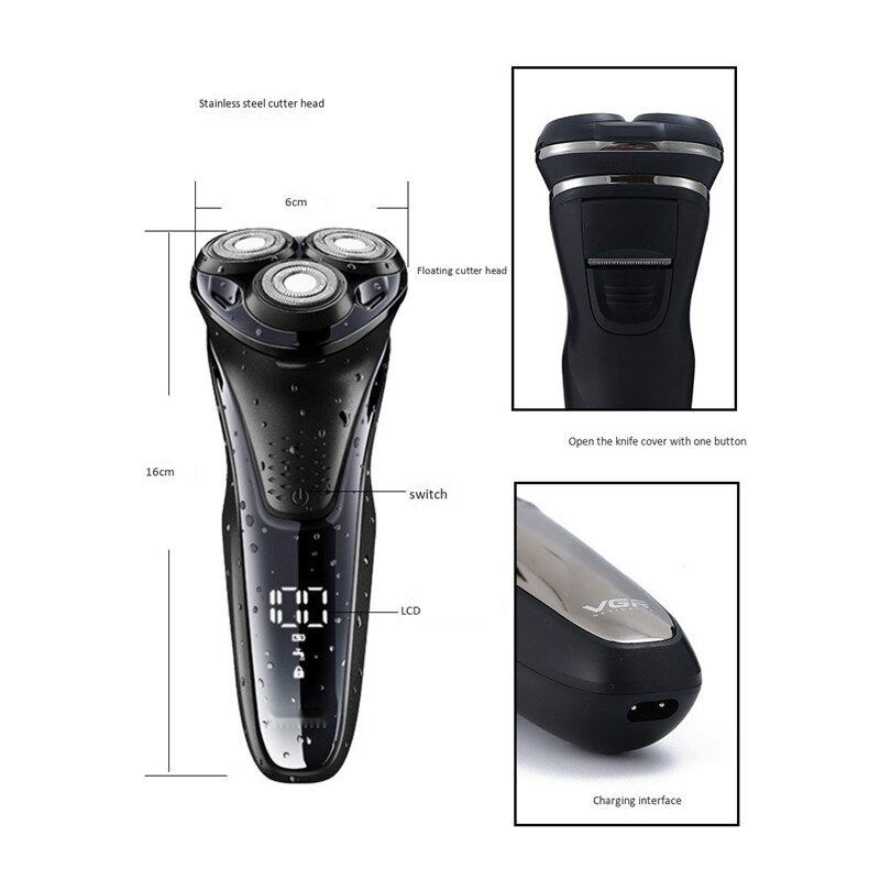 VGR V-306 Elektrische Rasierer 3 Cutter Kopf rotierend Cutter Rasieren LCD Anzeige USB Aufladbare Waschen Haar Trimmer Männer