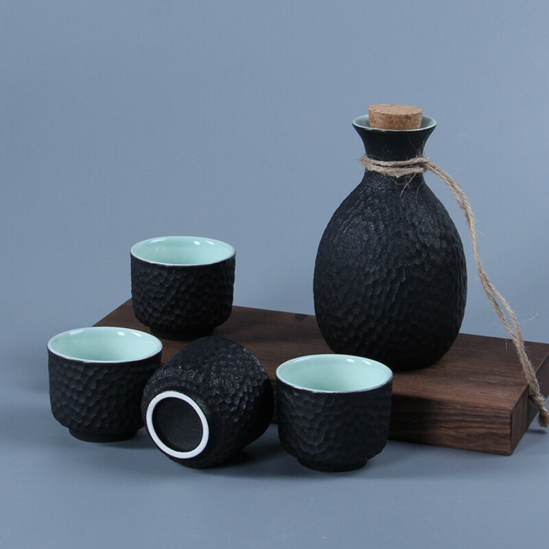 Sahi ensemble de 4 tasses à vin en céramique | Glaçage flocon de neige en nid d'abeille, Art saké japonais Flagon Stoup carafe Saka Home Bar