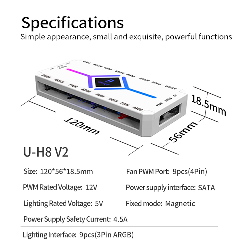 Upsiren u -h8 5v 3- pins argb og 4- pins pwm-hub for datakabinettvifte, synkron bunnmagnetisk med fjernkontroll