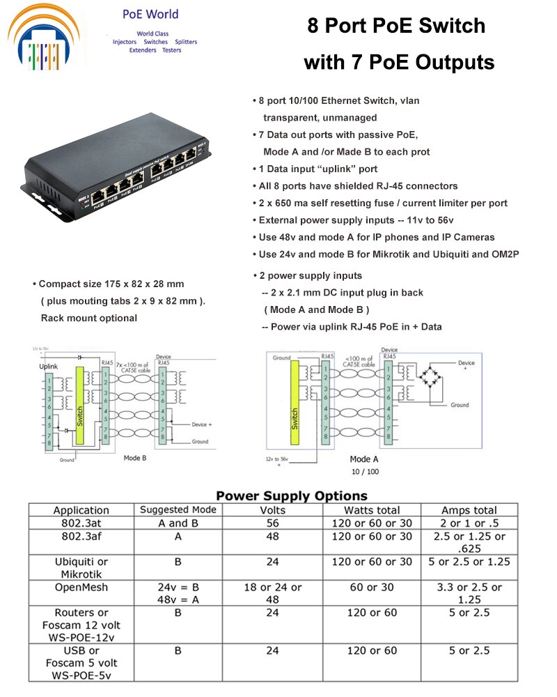 7 poe-porttia 1 up linkkiporttia passiivinen poe-kytkin 100 mbps ylijännitesuoja poe-kytkin ip-kameralle voip-puhelimelle