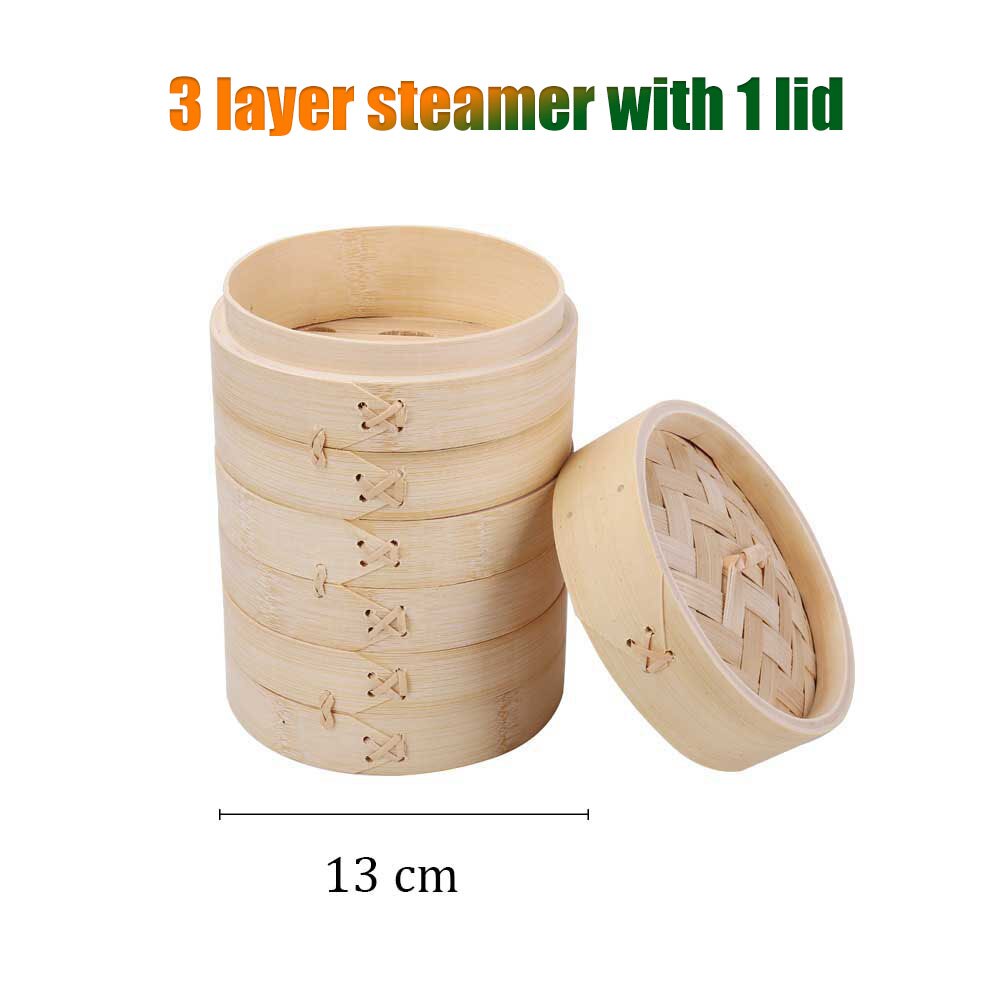 Bambus Dampf Dampfer Herd Korb Knödel Dim Sum Frühstück Gedämpfte Brötchen Knödel Eier Fisch Home Business Verwenden Hand Poliert: 13cm 3steamer 1lid