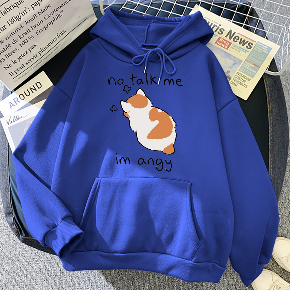 No Talk Me-Sudadera con capucha con estampado de gato enojado para mujer, sudaderas suaves de Hip Hop, jerséis de lana informales, ropa de calle de lana de gran tamaño para mujer