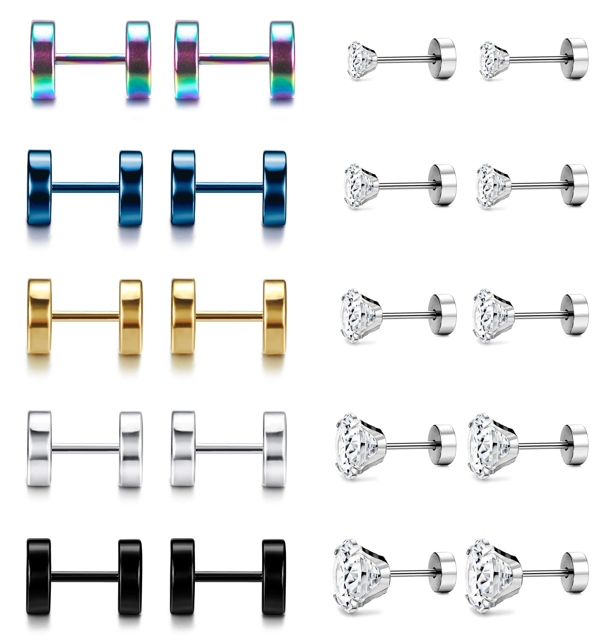 10 Pairs Screw Stud Earrings Flat Back Black Earrings for Men Mix Color Helix Cartilage Barbell Earrings Plugs Tunnel Punk