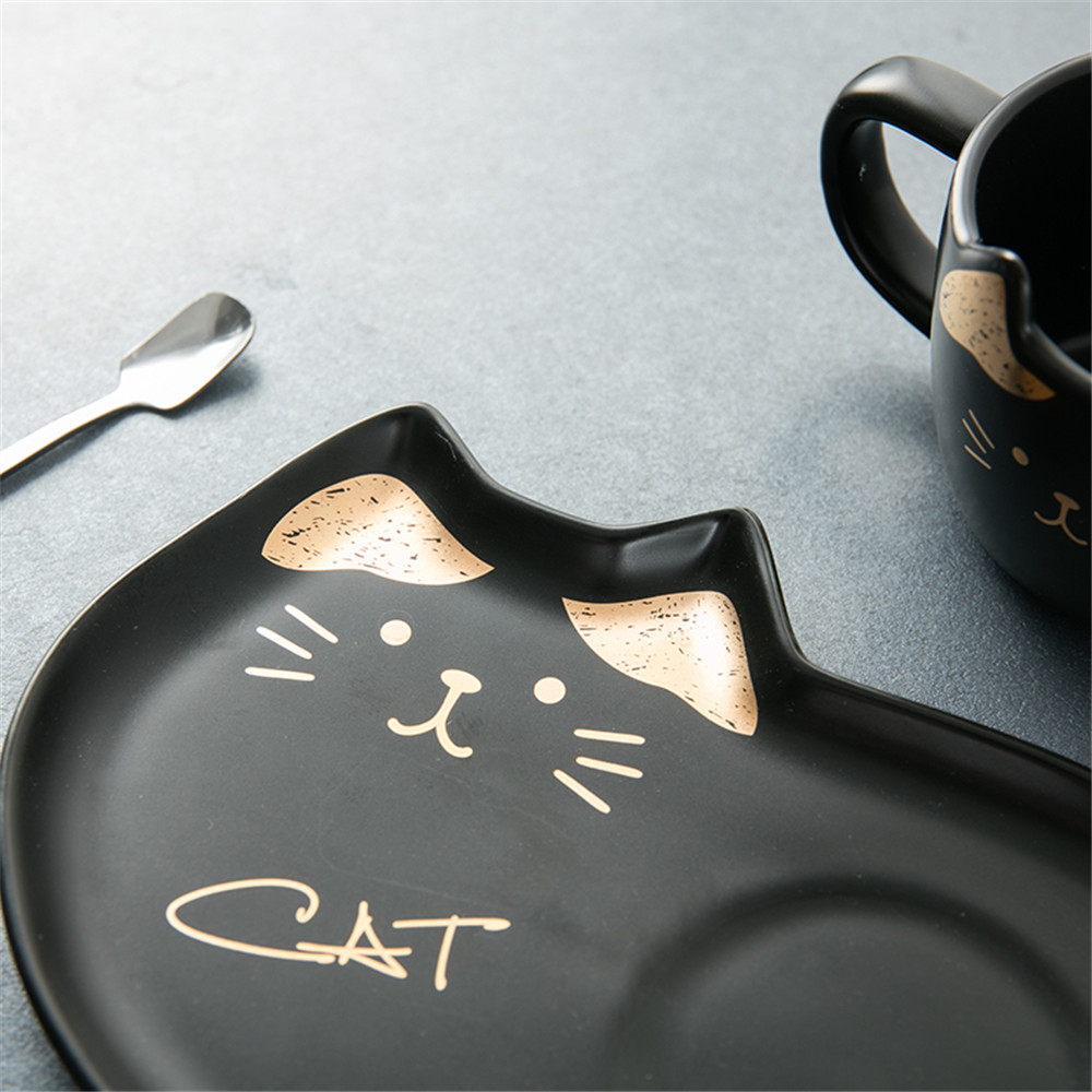 Set de tazas de café de cerámica de gato de dibujos animados té taza y platillo cuchara desayuno taza para café o leche pan plato de postre de pareja