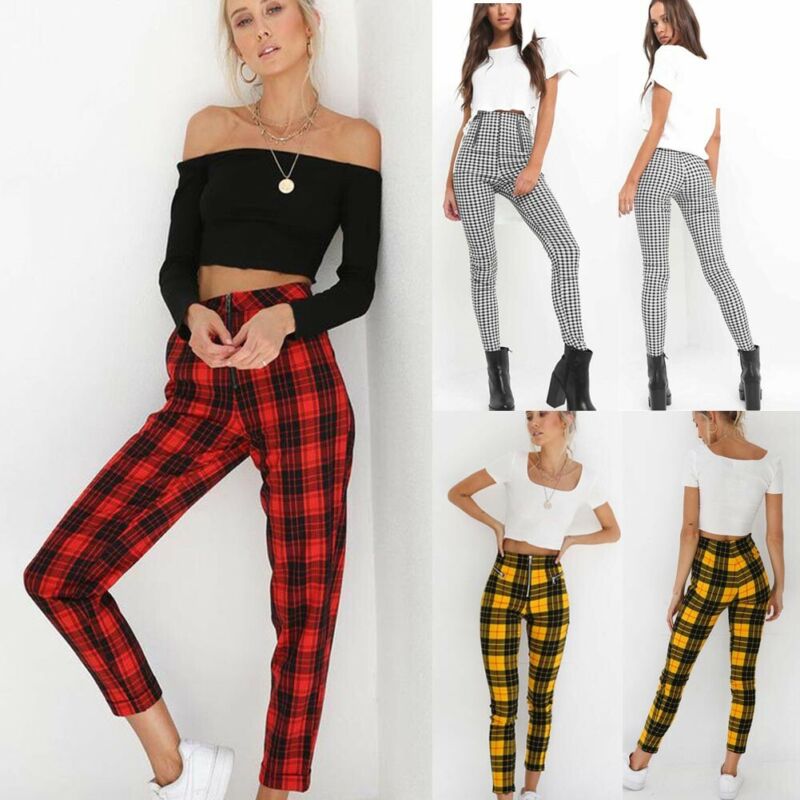 Klassische Plaid Hosen Frauen Reißverschluss Dünne Denim Büro lässig Hohe Taille Jeggings Bleistift Hosen Hosen Streetwear