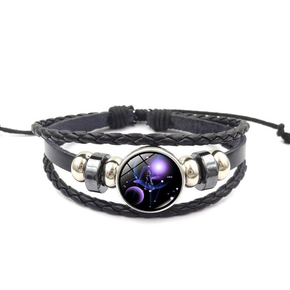 (Unisex) 12 Constellation Time Stone Leather Bracelet Hand Jewelry Retro Hand-woven Beading Bracelet-like