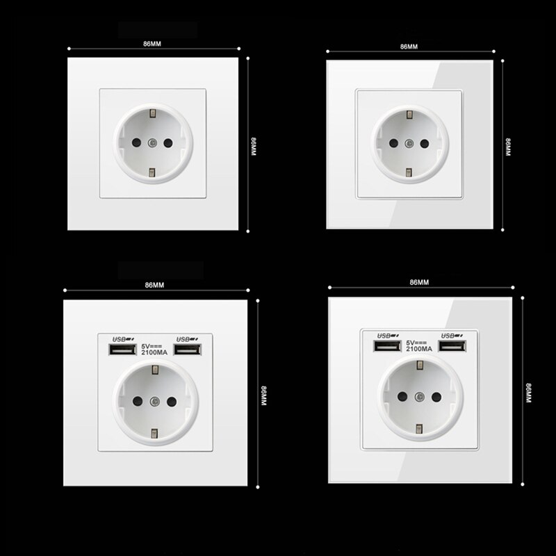 86 * 86mm 250V 16A European German standard socket plug white PC / toughened glass panel power wall socket with USB ports