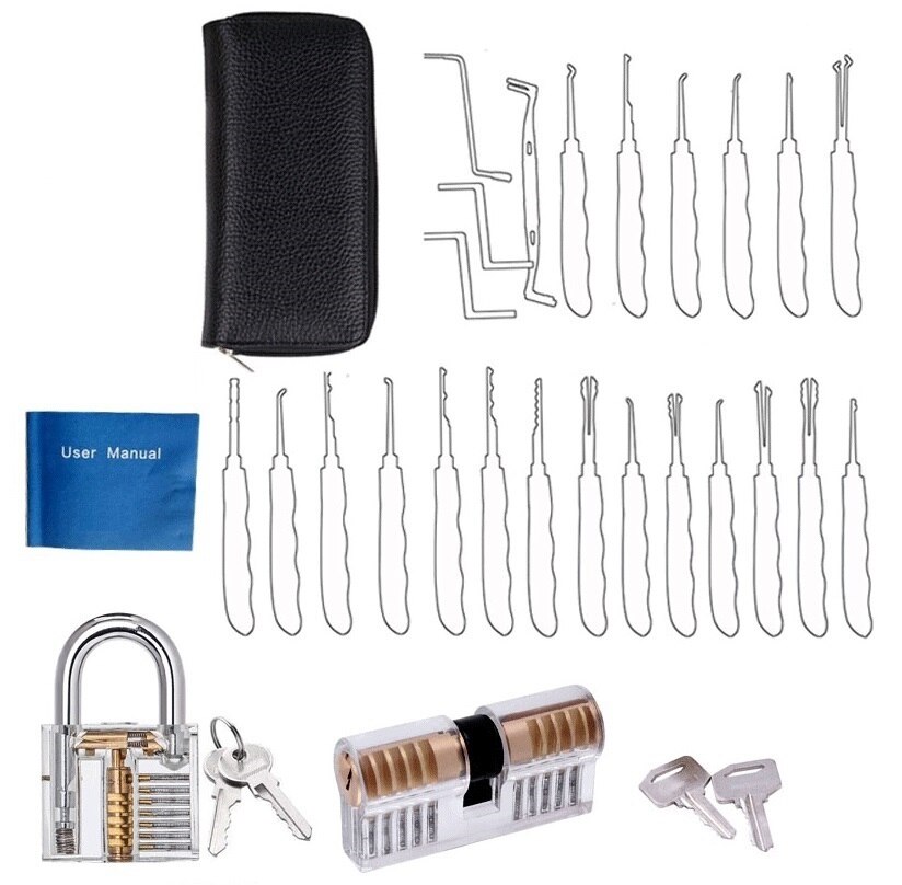 Locksmith Hand Tools Lock Pick Set Transparent Visible Cutaway Practice Padlock With Broken Key Removing Hooks 15pcs/24pcs: 24pcs 2 lock